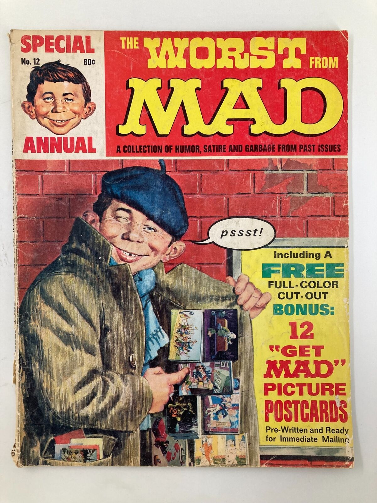 Cover of The Worst From Mad 12th Annual Edition 1969 featuring a humorous illustration and promotional details about included picture postcards.