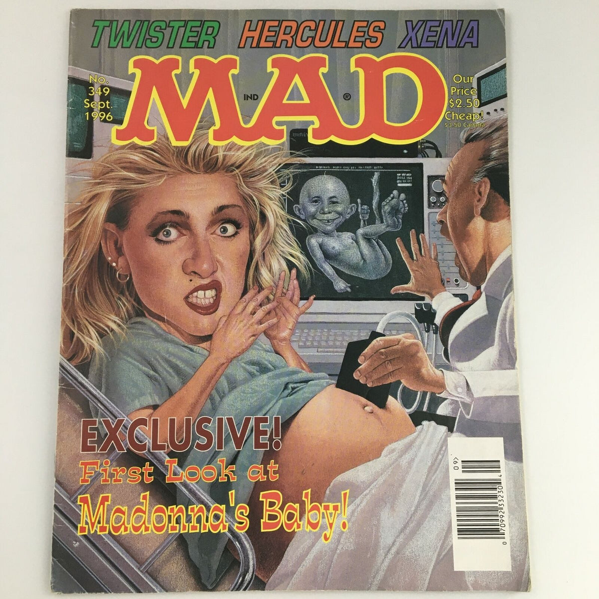 Cover of Mad Magazine September 1996 /349 featuring an exclusive illustration related to Madonna's Baby with humor and satire.
