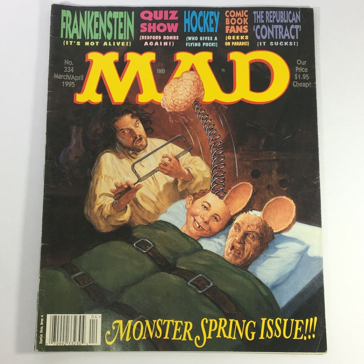 Cover of Mad #334 March April 1995 featuring Frankenstein, Hockey, and The Republican Contract. The design includes comedic elements and illustrations related to the theme of monsters, with bold text stating 'MONSTER SPRING ISSUE!!!'.