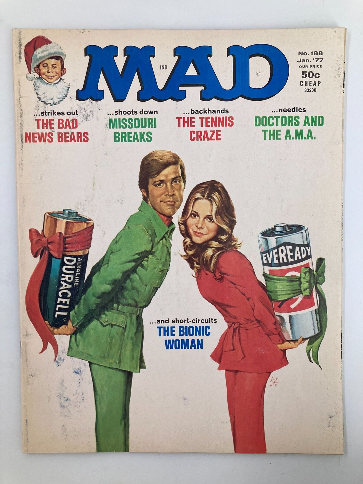 Cover of Mad Magazine January 1977 No. 188 featuring The Bionic Woman, showcasing vibrant artwork with characters holding battery packs, highlighting 1970s culture and television nostalgia.