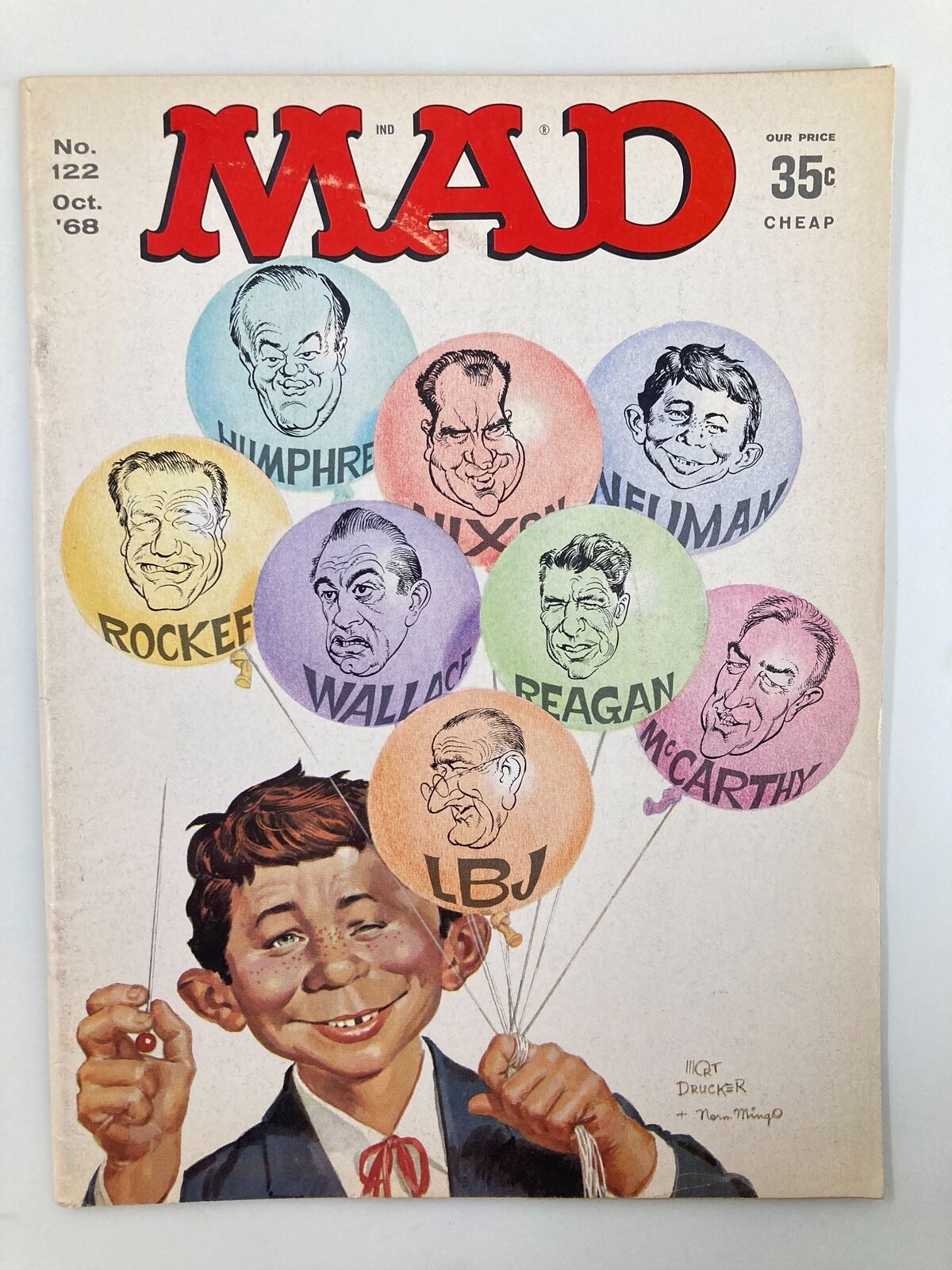 Cover of Mad Magazine October 1968 No. 122 featuring caricatures of prominent political figures including Richard Nixon, with a young boy holding balloons and smiling, reflective of the humor style of the magazine.