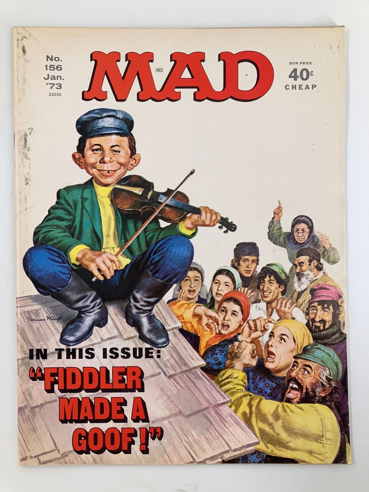 Cover of Mad Magazine January 1973 No. 156, featuring the title 'Fiddler Made A Goof', with a humorous illustration of a character playing a violin and animated audience reactions.