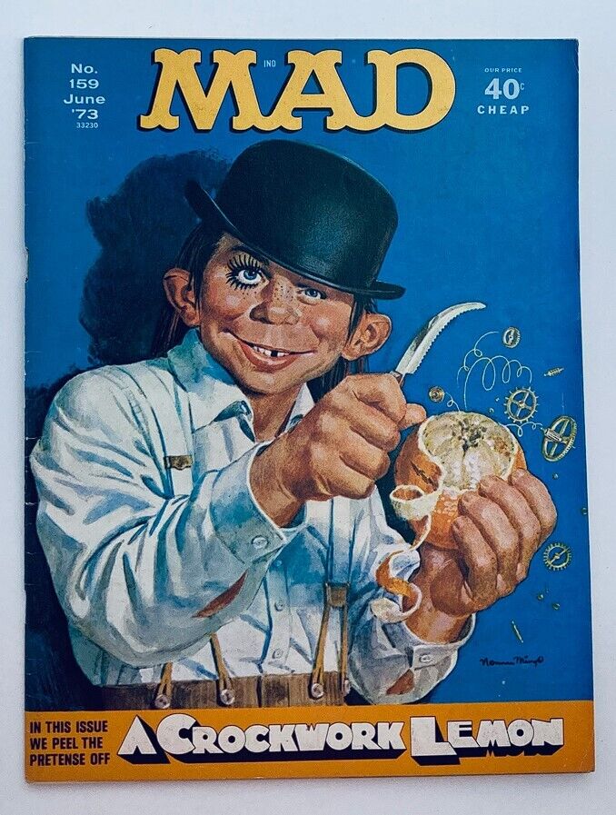 Cover of Mad Magazine June 1973 No. 159 featuring a humorous illustration titled 'A Crockwork Lemon', showcasing a character with exaggerated features peeling a lemon.