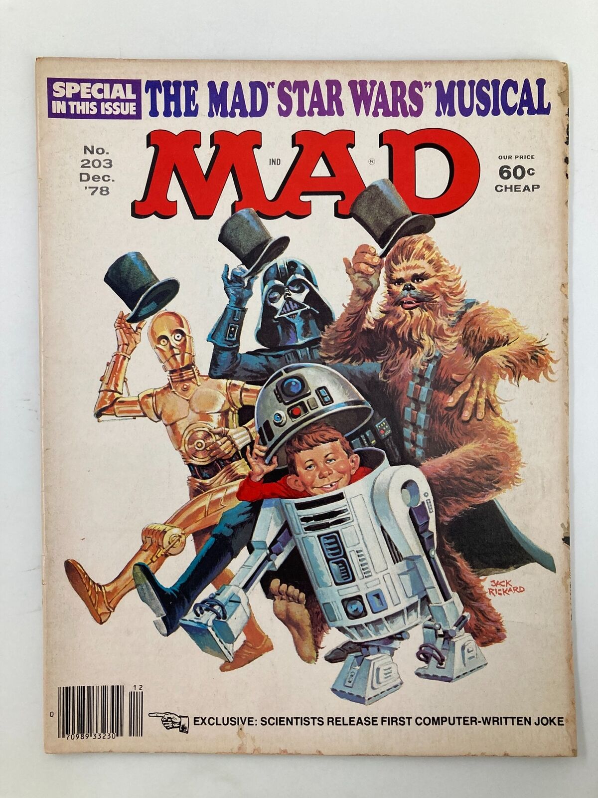Cover of Mad Magazine December 1978 No. 203 featuring characters from Star Wars, including R2-D2, Darth Vader, C-3PO, and Chewbacca, with the title 'The Mad Star Wars Musical' prominently displayed.