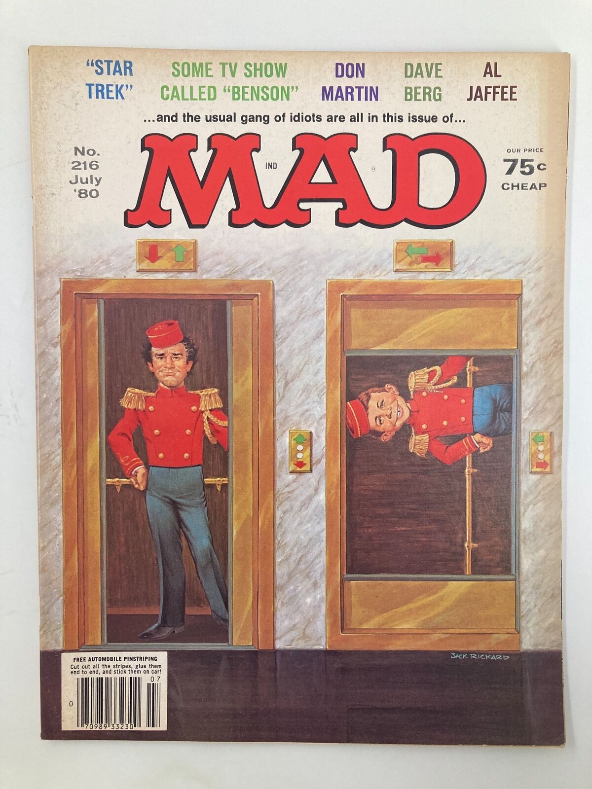 Cover of Mad Magazine July 1980 No. 216 featuring the TV show 'Benson', illustrated by Jack Rickard, showcasing humorous character depiction in elevator settings.