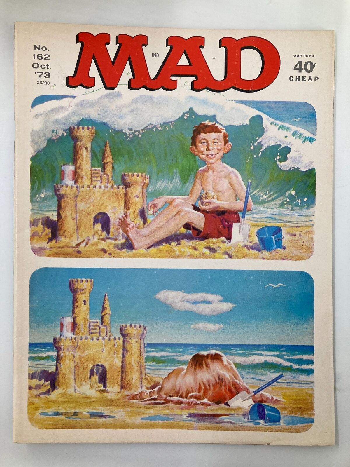 Mad Magazine October 1973 No. 162 The Sand Castle Collapse cover featuring a colorful illustration of a boy playing on the beach with sandcastles and waves.
