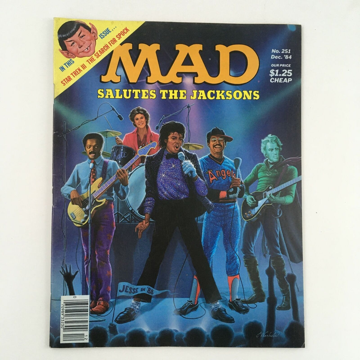 Cover of Mad Magazine December 1984 No. 251, featuring a colorful illustration that humorously salutes The Jacksons, showcasing iconic characters performing on stage with instruments, highlighting the magazine's wit and pop culture relevance of the 1980s.