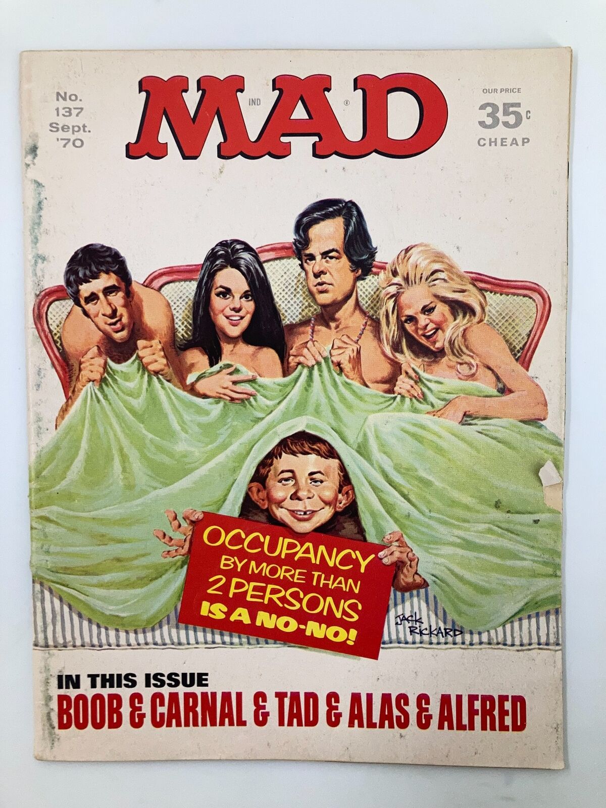 Mad Magazine September 1970 No. 137 featuring the characters Boob, Carnal, Tad, and Alfred on the cover, showcasing humorous illustrations and the tagline 'Occupancy by more than 2 persons is a no-no!' in a vintage magazine style.