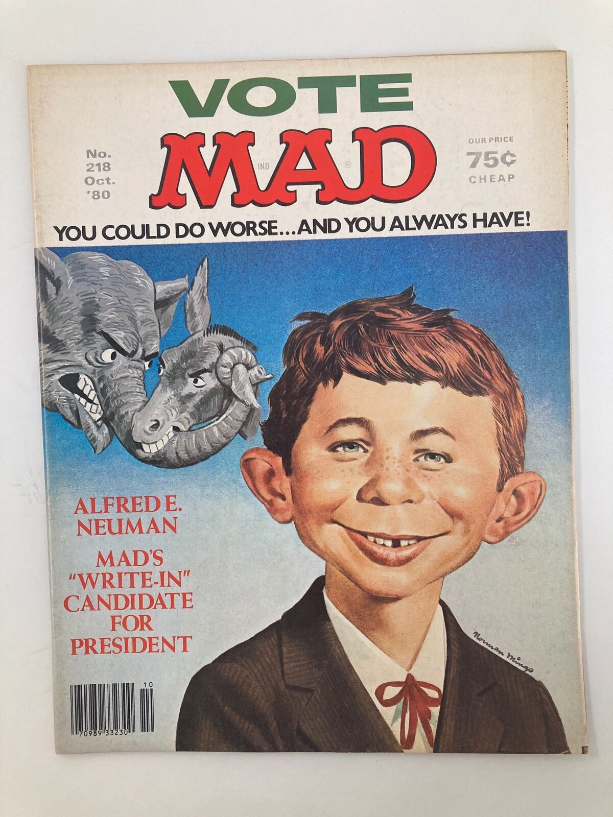 Cover of Mad Magazine October 1980 No. 218 titled 'Alfred for President,' featuring a caricature of Alfred E. Neuman, with humorous depictions of elephants and donkeys representing political parties, highlighting its satirical take on the presidential election. Vintage collectible in Fine condition.