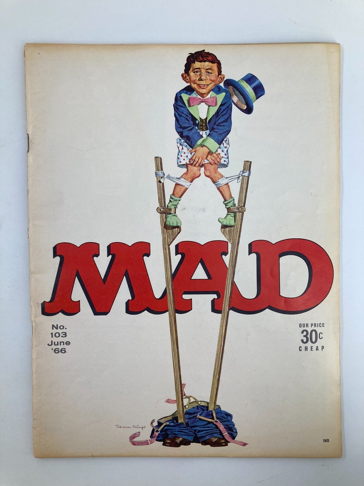 Mad Magazine June 1966 No. 103 cover featuring a whimsical illustration of a character on stilts, embodying the humor and artistic style of the era. This vintage magazine showcases nostalgic elements from a vibrant decade, ideal for collectors and fans.