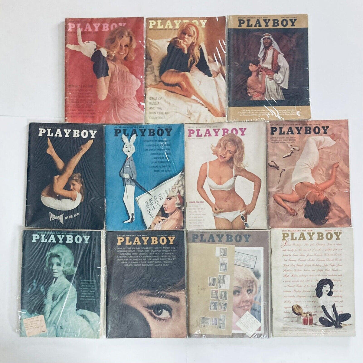 VTG Playboy Magazine Lot of 11 1964 Missing January - Collection includes iconic vintage Playboy magazines from 1964, all with centerfolds, showcasing the cultural allure of the 1960s. Each magazine is preserved in protective plastic, displaying beautiful cover art and nostalgic appeal.