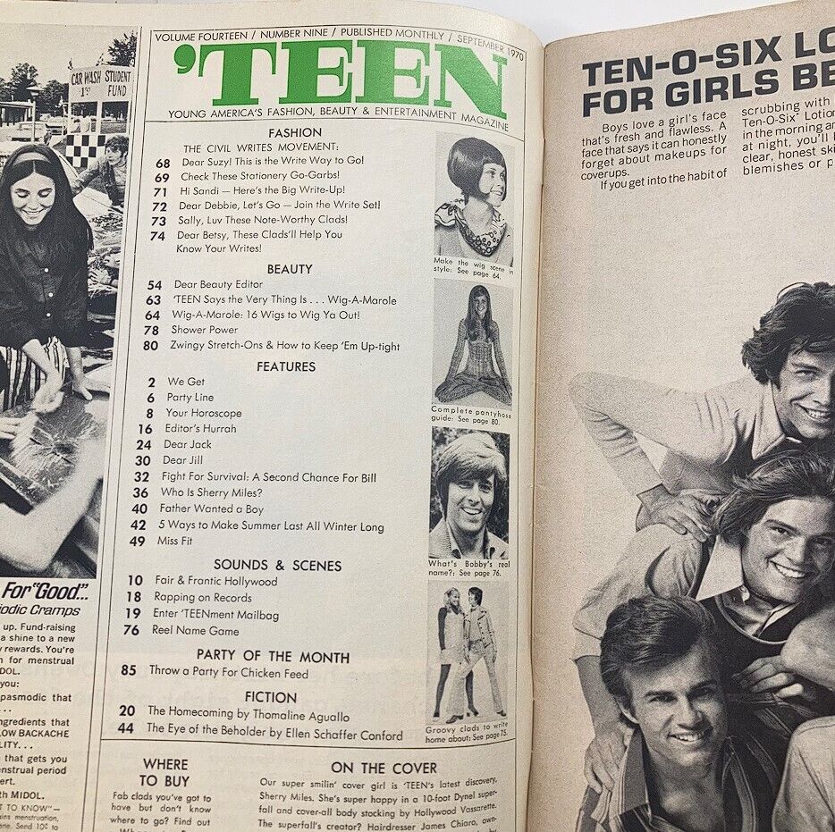 Inside page of VTG Teen Magazine September 1970 displaying the table of contents and articles related to teen fashion, beauty tips, and lifestyle during the era.