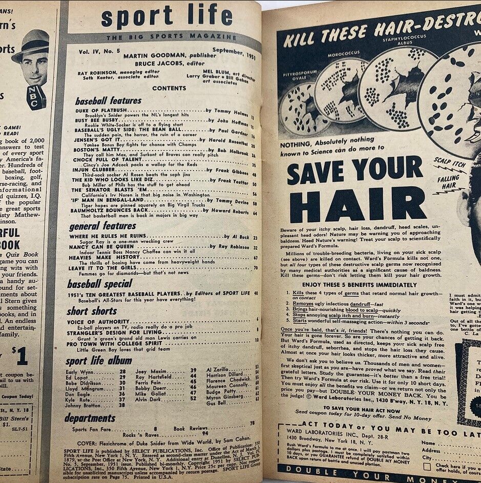 Inside pages of the VTG Sport Life Magazine September 1951, displaying contents and articles including baseball features, comprehensive sports information, and historical insights.