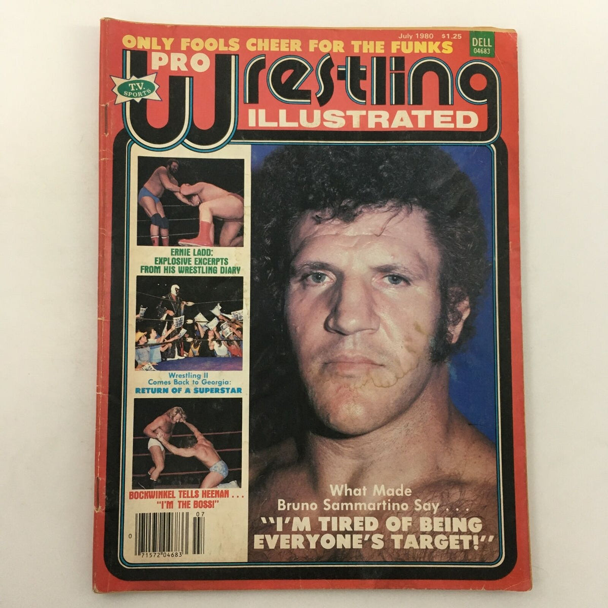 Pro Wrestling Illustrated Magazine July 1980 featuring Bruno Sammartino on the cover, with the title 'Bruno Sammartino is a Tired Target' showcasing vintage wrestling history.