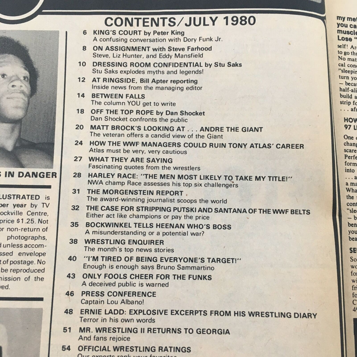 Table of contents from Pro Wrestling Illustrated Magazine July 1980 highlighting articles including interviews and wrestling analysis relevant to Bruno Sammartino's era.
