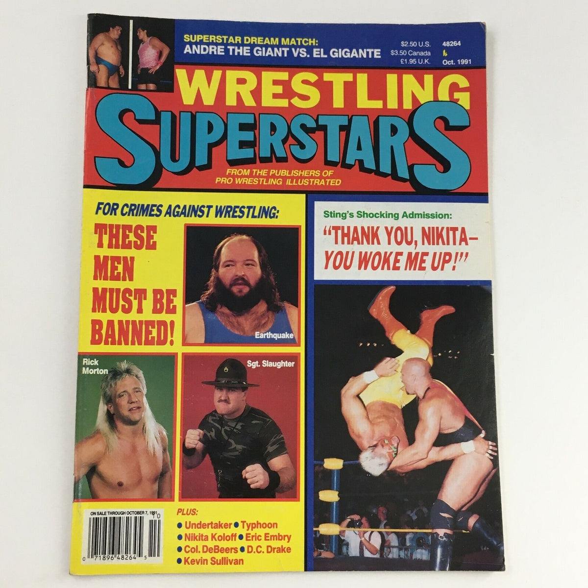 Cover of Wrestling Superstars Magazine October 1991 featuring Andre The Giant and El Gigante, highlighting iconic wrestling moments and matches.