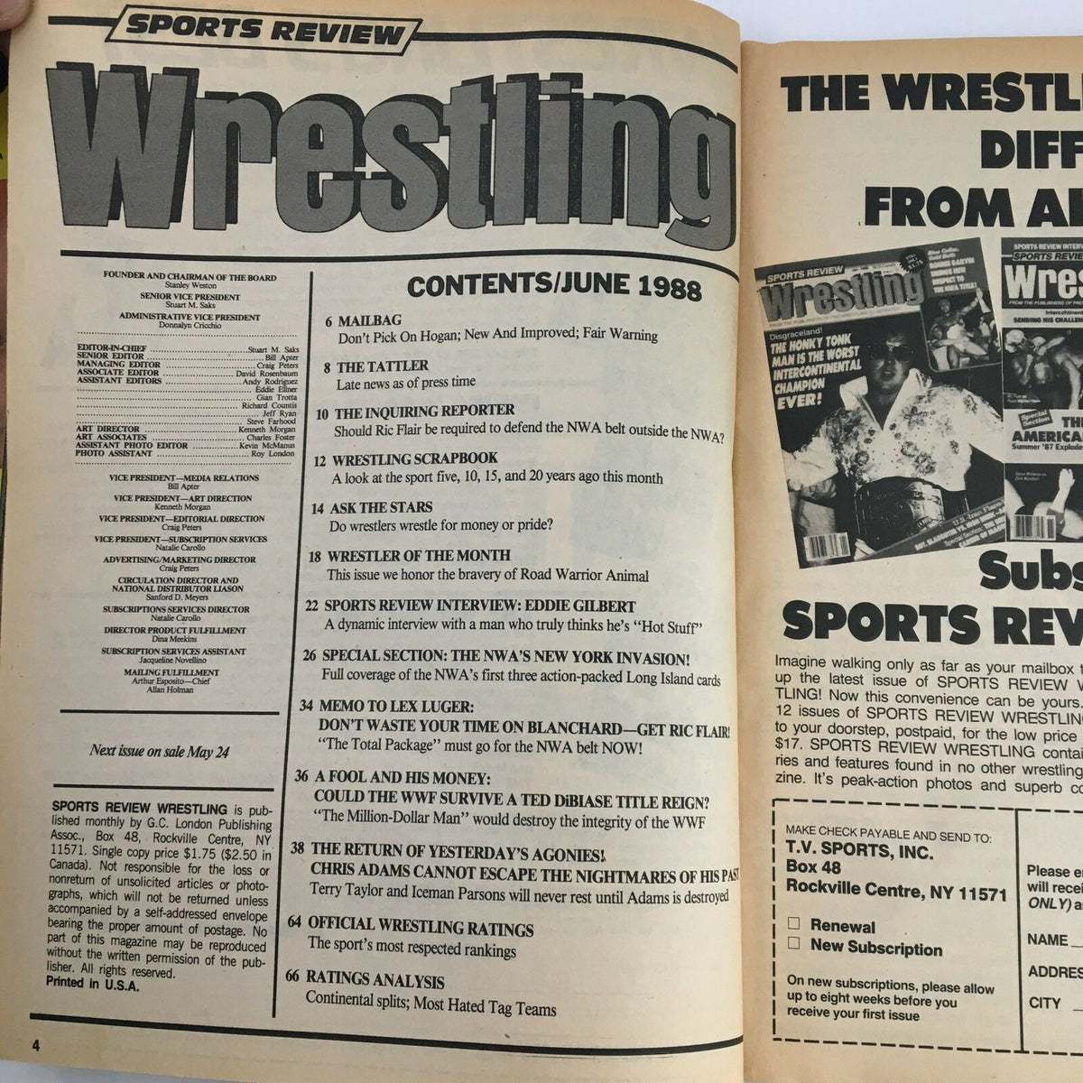 Interior page of Sports Review Wrestling Magazine June 1988 displaying the contents section, providing insights into featured articles and interviews from the professional wrestling scene.
