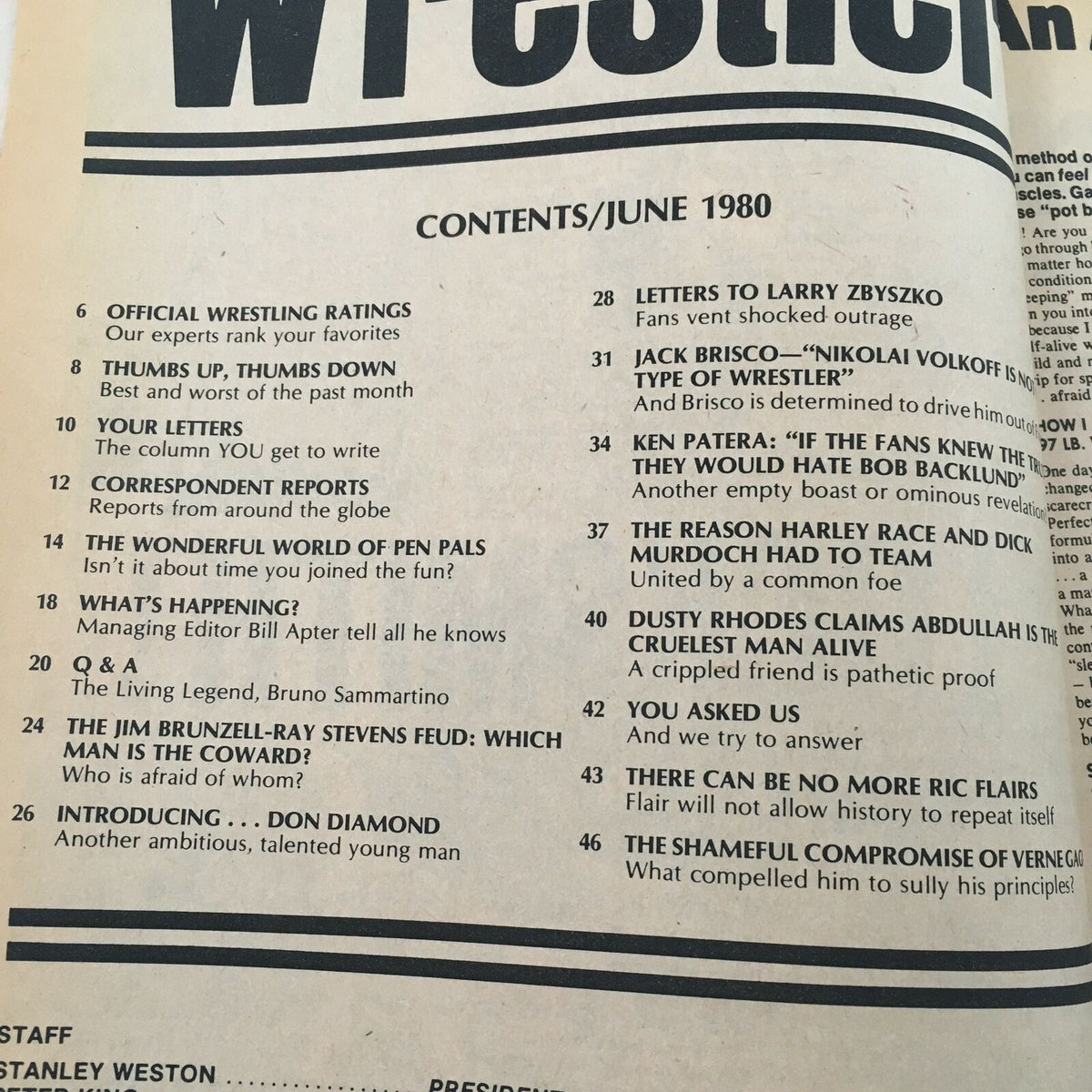 Table of contents from WWF The Wrestler Magazine June 1980, listing features about wrestling including the Jim Brunzell and Ray Stevens feud.