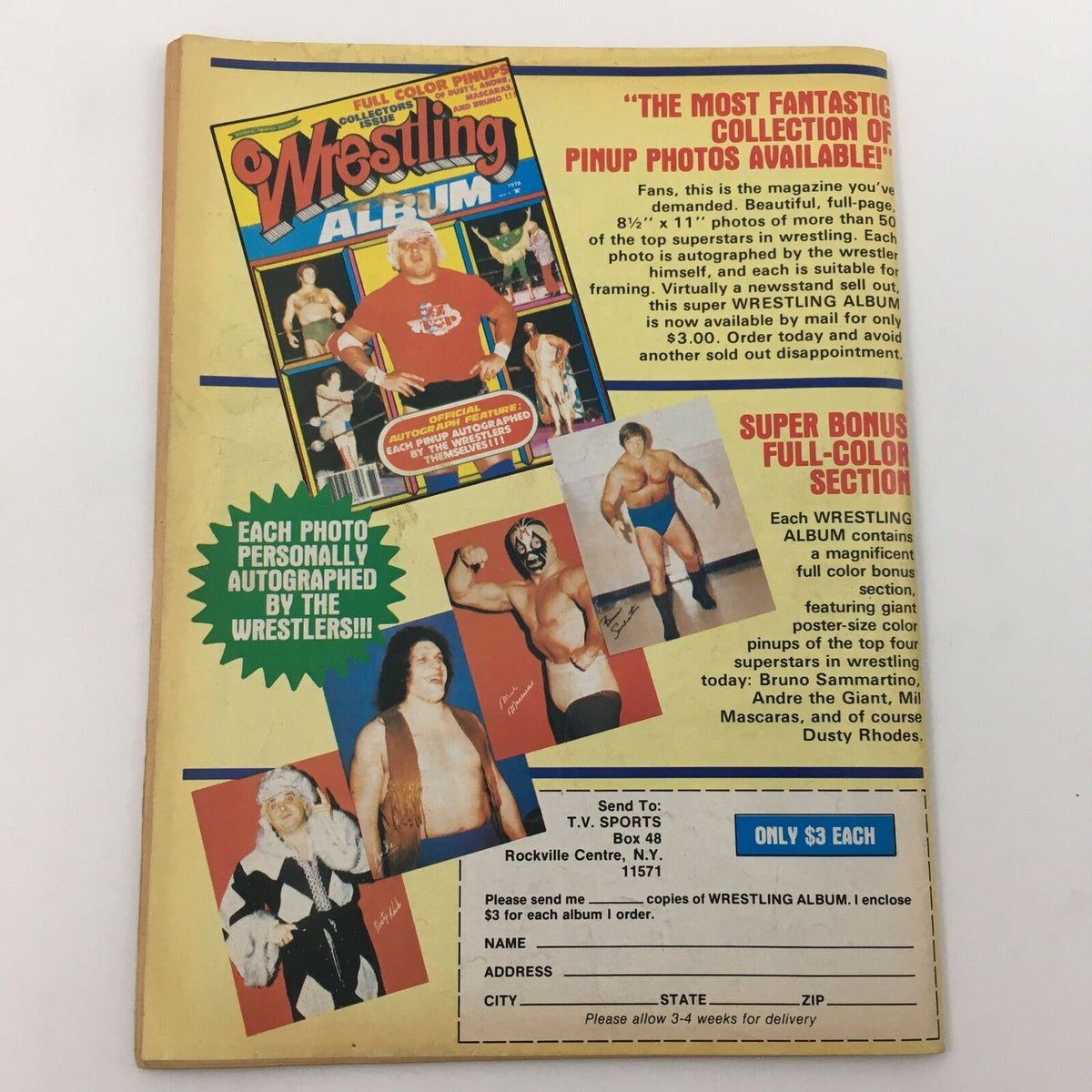 Back cover of WWF The Wrestler Magazine June 1980 promoting a wrestling album with autographed photos of wrestling stars, showcasing vibrant designs.