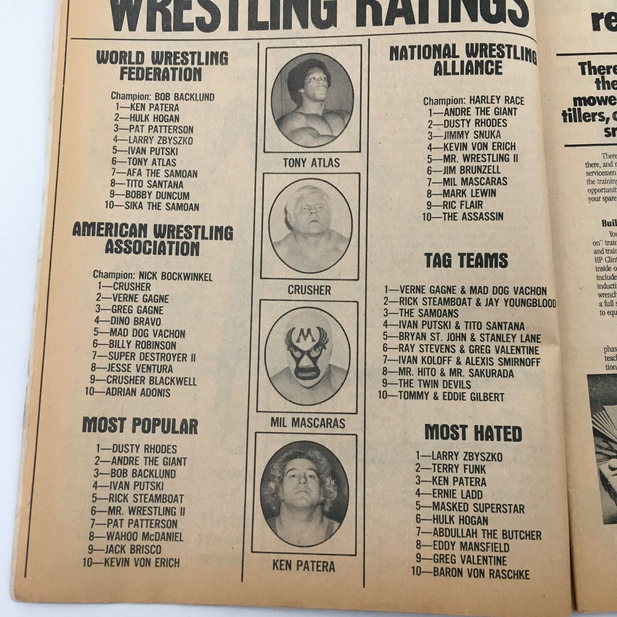 Wrestling ratings page from WWF The Wrestler Magazine June 1980, highlighting most popular and hated wrestlers in the professional wrestling scene.