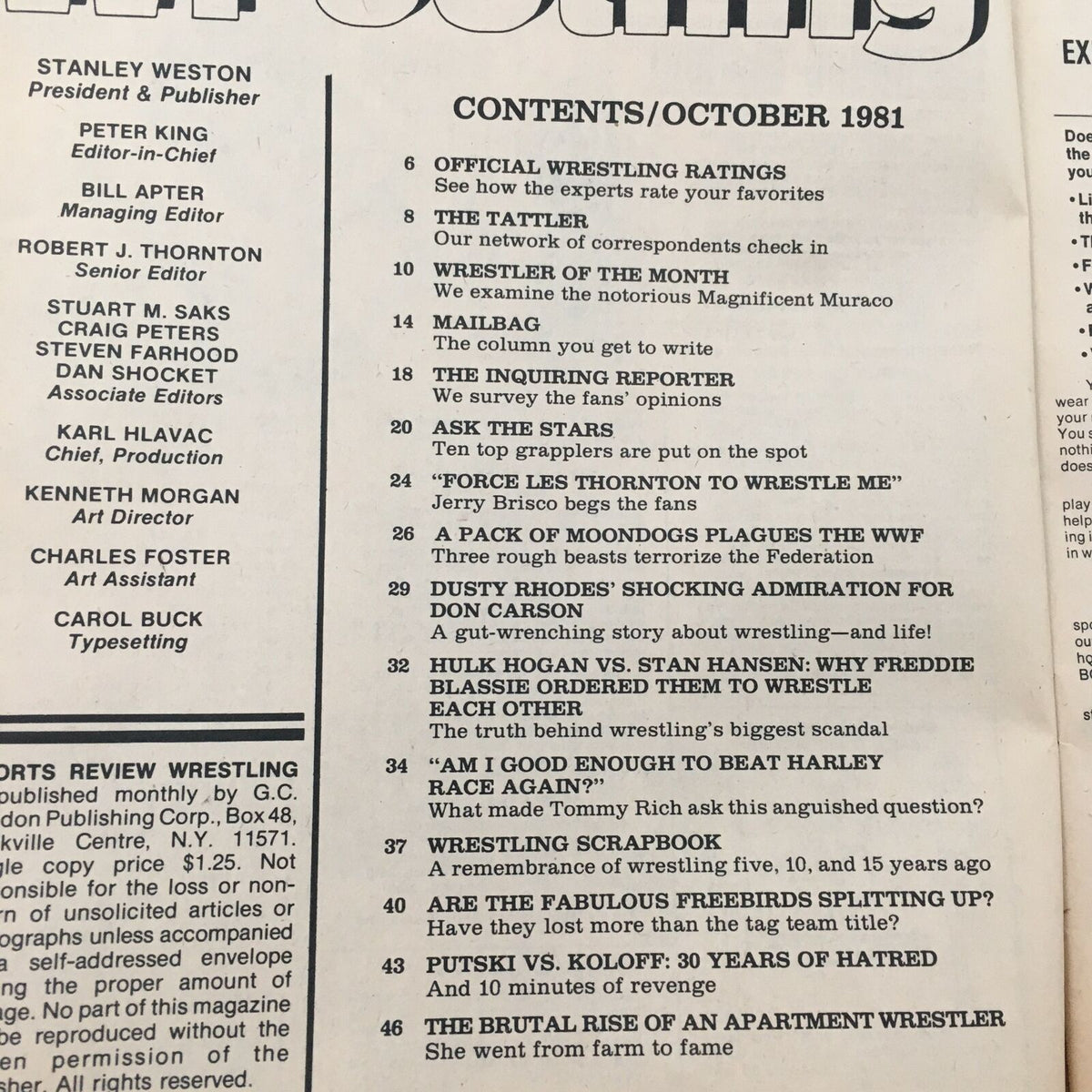 Contents page of Sports Review Wrestling Magazine October 1981, listing articles including Hulk Hogan vs Stan Hansen, official wrestling ratings, and more.