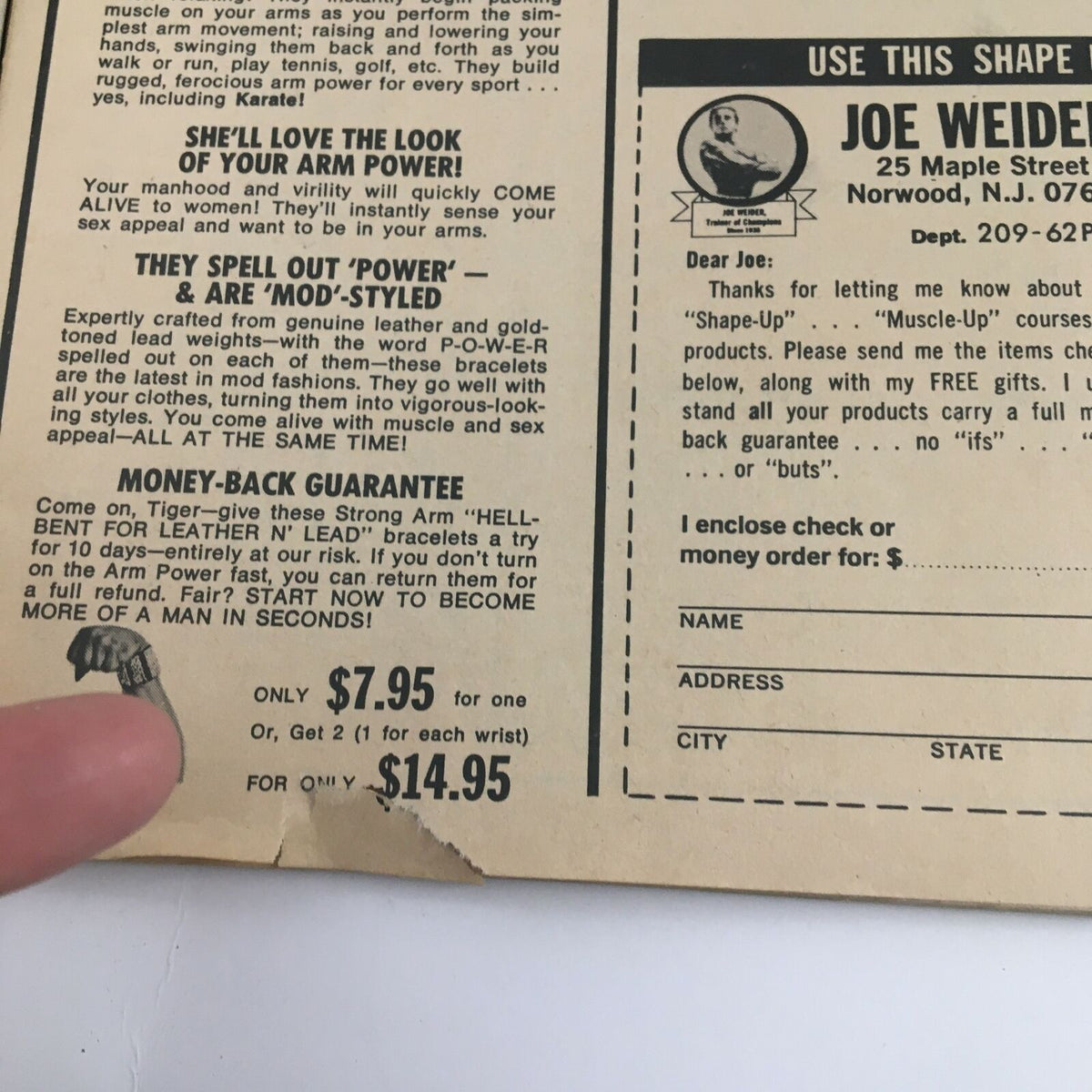 Inside Wrestling Magazine July 1972 advertisement for Joe Weider's muscle products, showcasing pricing and a promotion for muscle development gear.