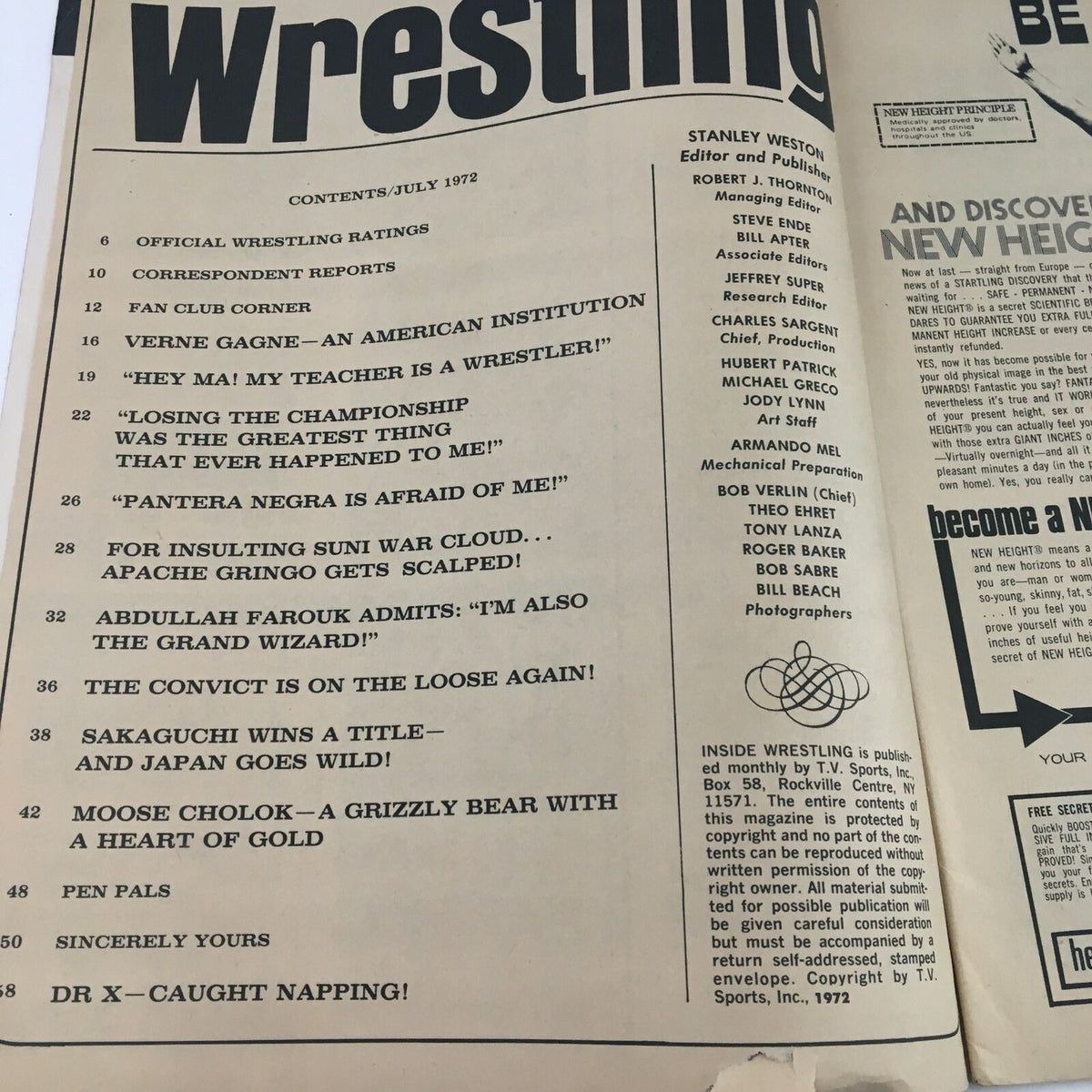 Inside Wrestling Magazine July 1972 table of contents, highlighting featured articles and wrestling personalities of the month.