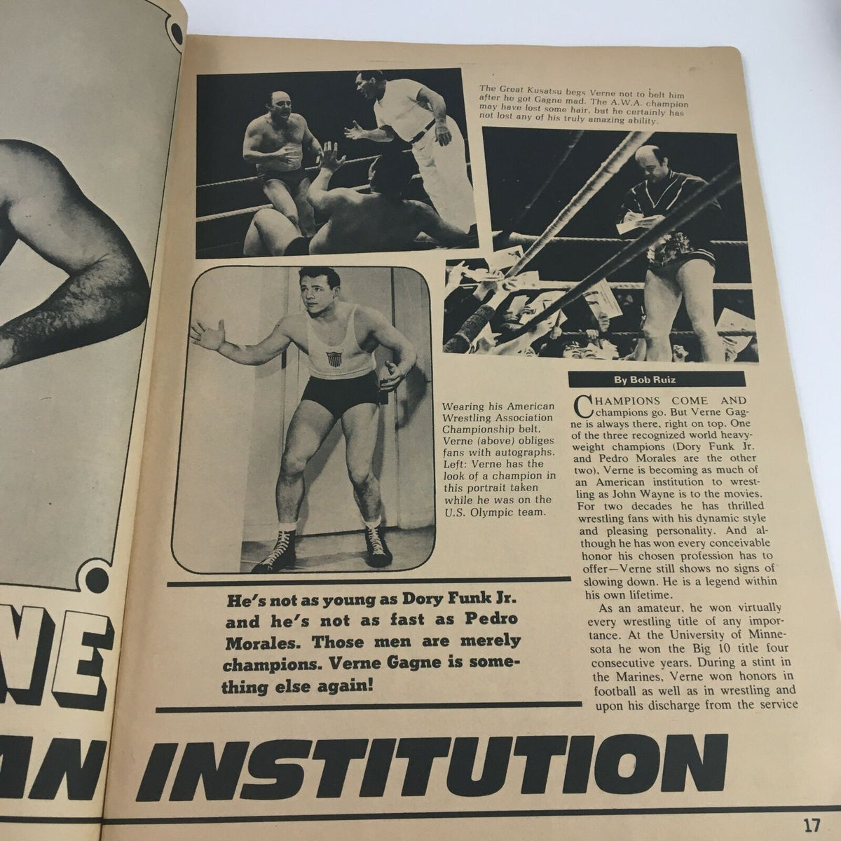 Inside Wrestling Magazine July 1972 article featuring Verne Gagne, with depictions of Gagne interacting with fans and wrestling opponents.