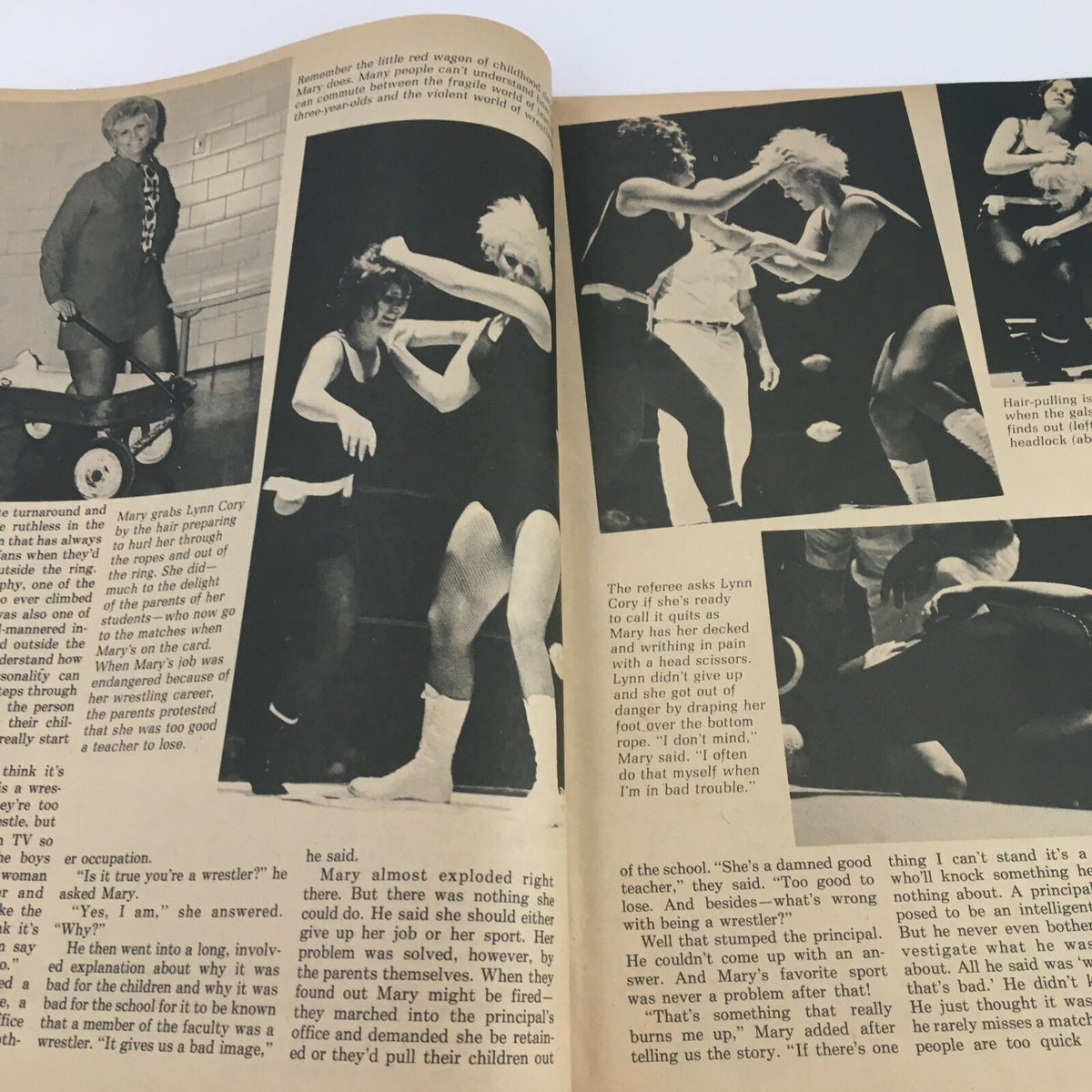 Inside Wrestling Magazine July 1972 photo collage of female wrestlers Mary and Lynn Cory in action, illustrating the competitive wrestling scene.