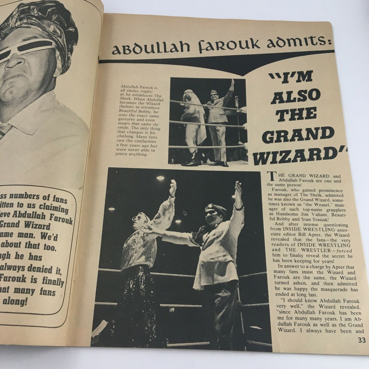 Inside Wrestling Magazine July 1972 features Abdullah Farouk with Beautiful Bobby introducing him, highlighting wrestling personas and the significance of character representation.