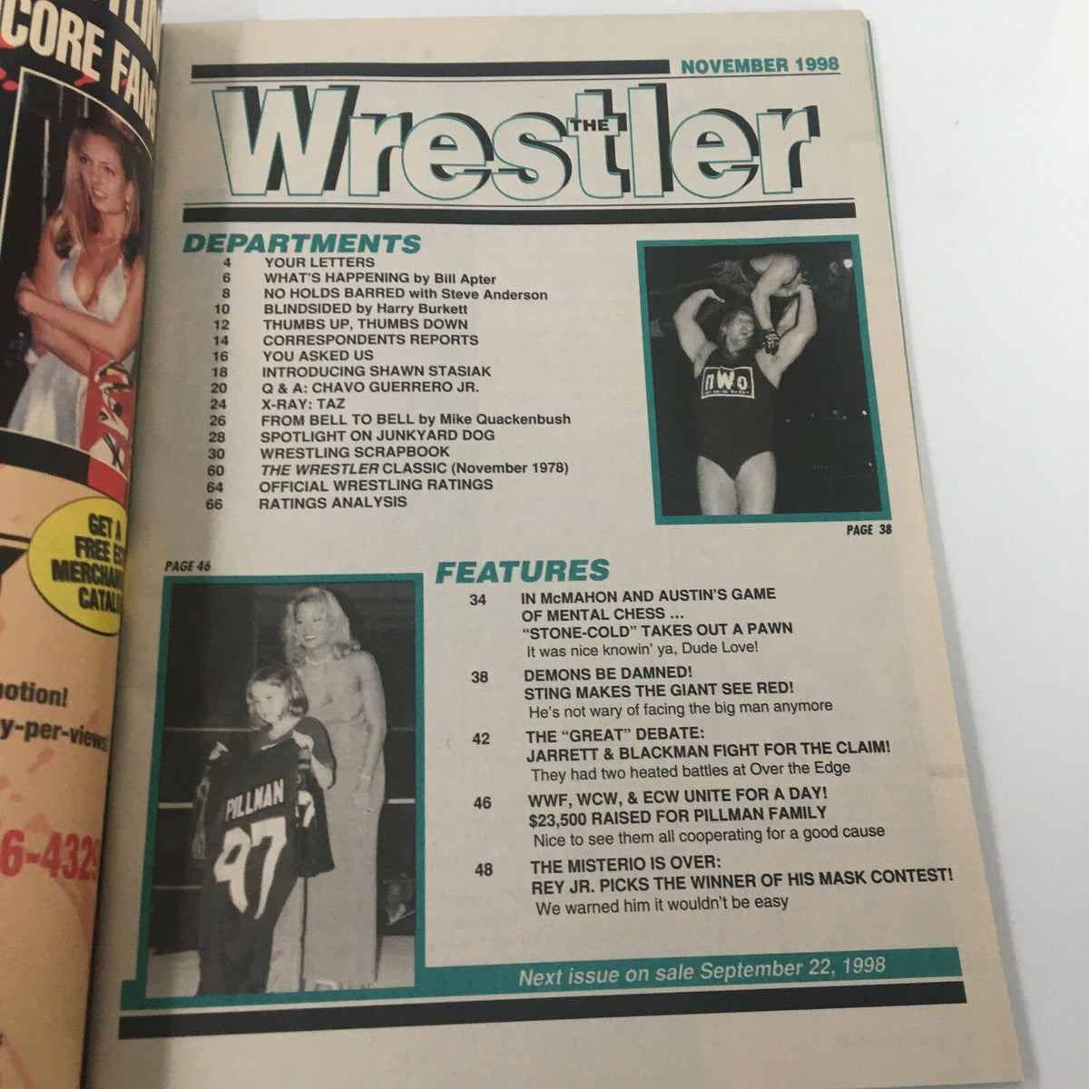 Inside page of The Wrestler Magazine November 1998 showcasing departments and features including discussions about prominent wrestlers like Shawn Stasiak and Chang Guerrero.