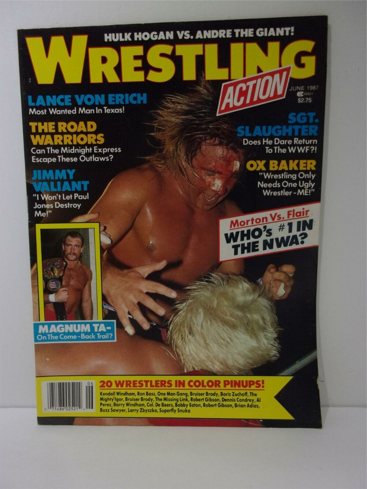 Wrestling Action Magazine cover from June 1987 featuring Morton vs Flair, Lance Von Erich, Hulk Hogan vs. Andre the Giant, and highlights of wrestlers such as SGT. Slaughter and Ox Baker.