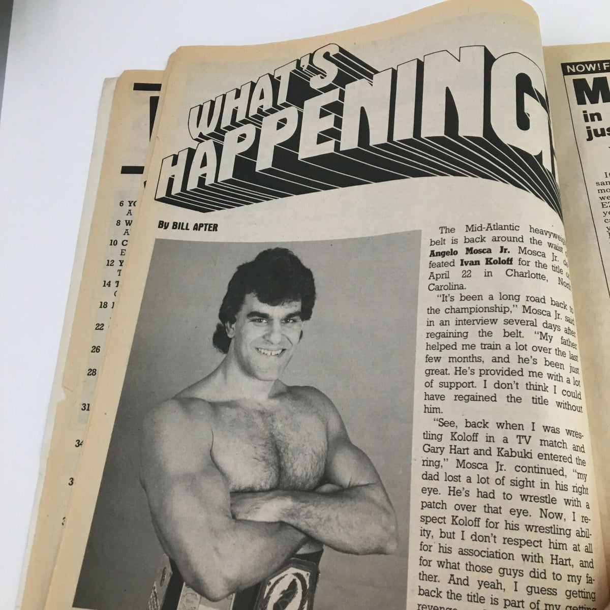 Interior page of The Wrestler Magazine August 1984 featuring the article 'What's Happening' by Bill Apter, alongside a photo of a wrestler, reflecting the magazine's focus on wrestling news.