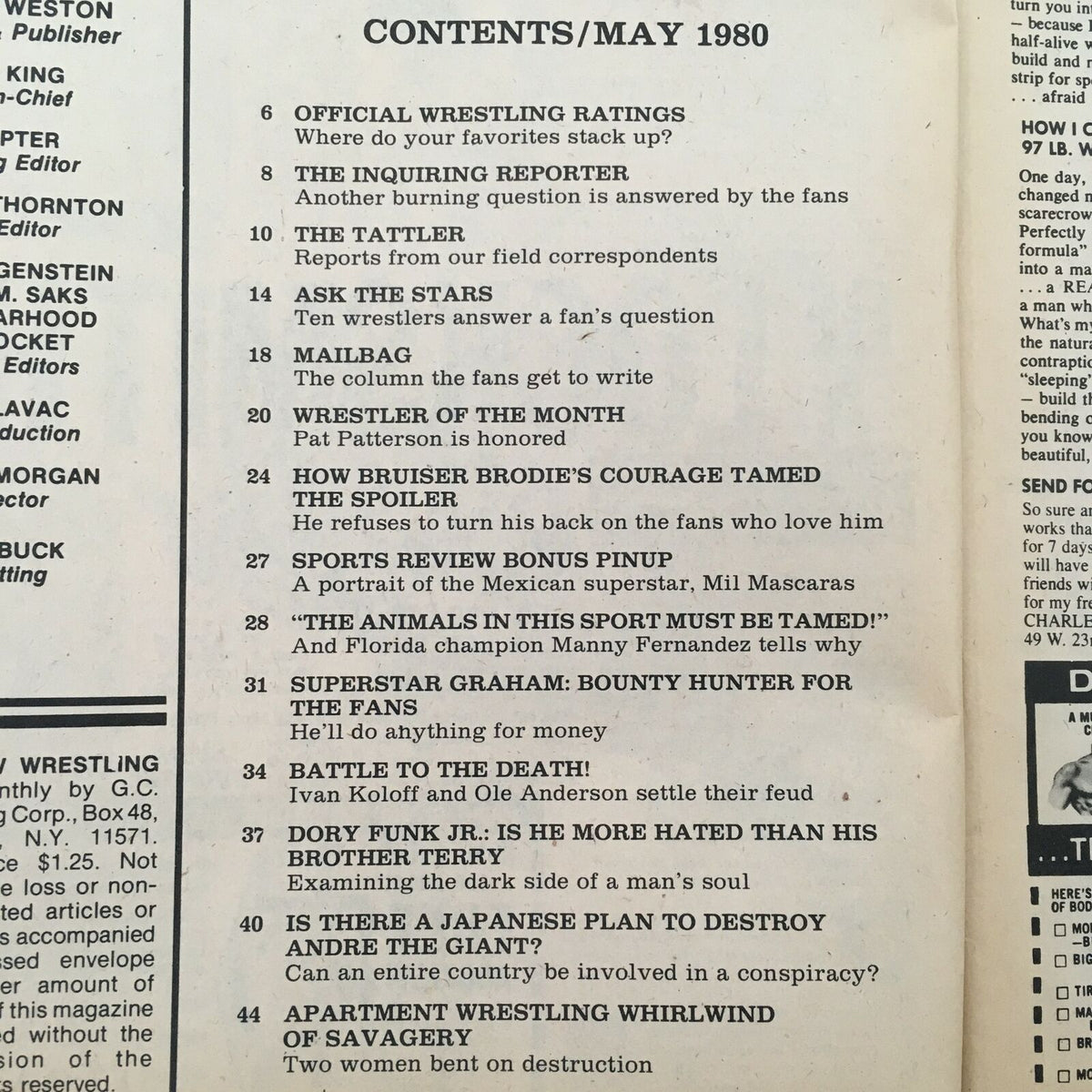 Inside contents page of the May 1980 Sports Review Wrestling Magazine, detailing featured articles including Ivan Koloff vs Ole Anderson's battle and various wrestling topics, providing a glimpse into the magazine's rich content.