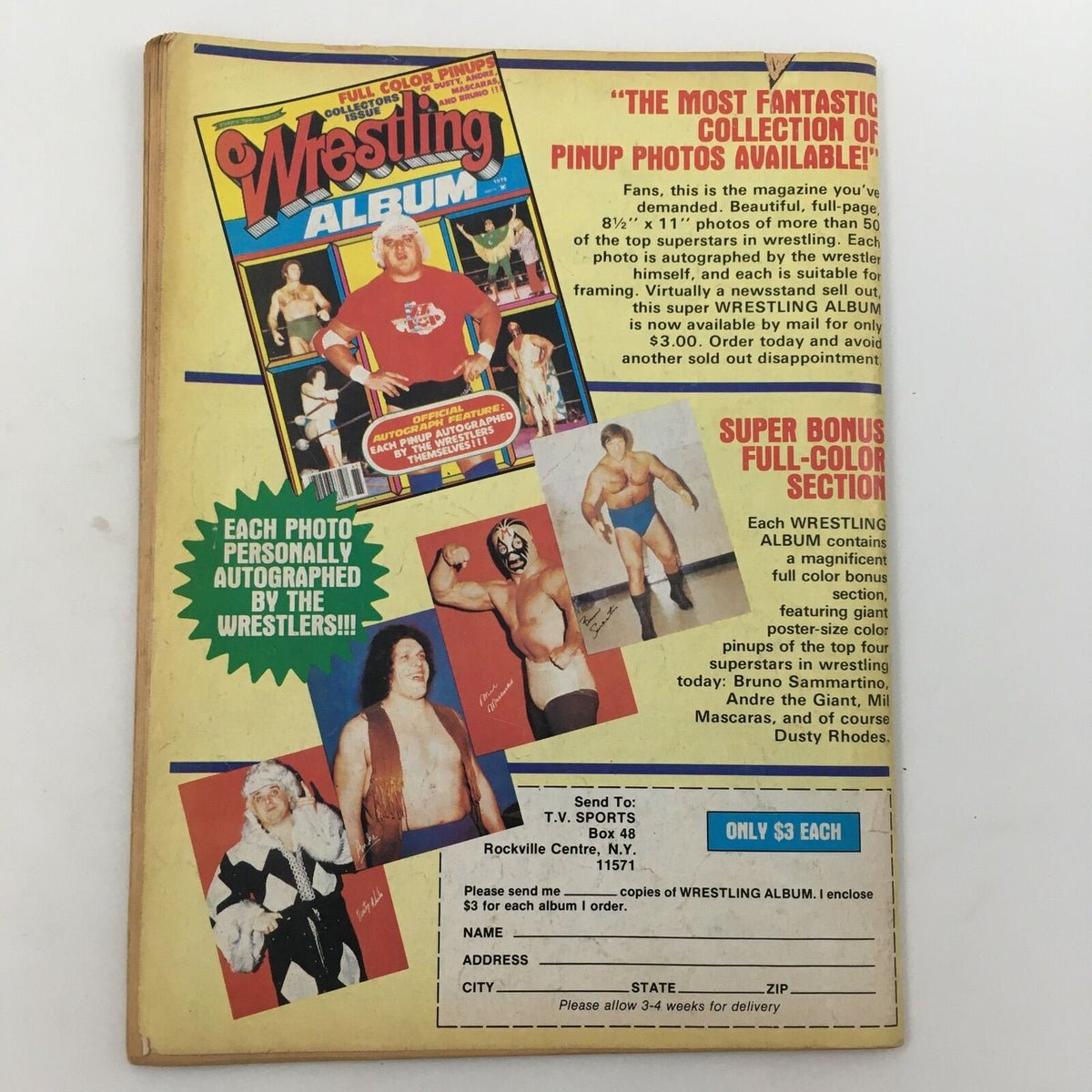 Back cover of the Sports Review Wrestling Magazine from May 1980 promoting the Wrestling Album, highlighting various wrestlers and offering a glimpse into collectible wrestling memorabilia, appealing to fans and collectors.