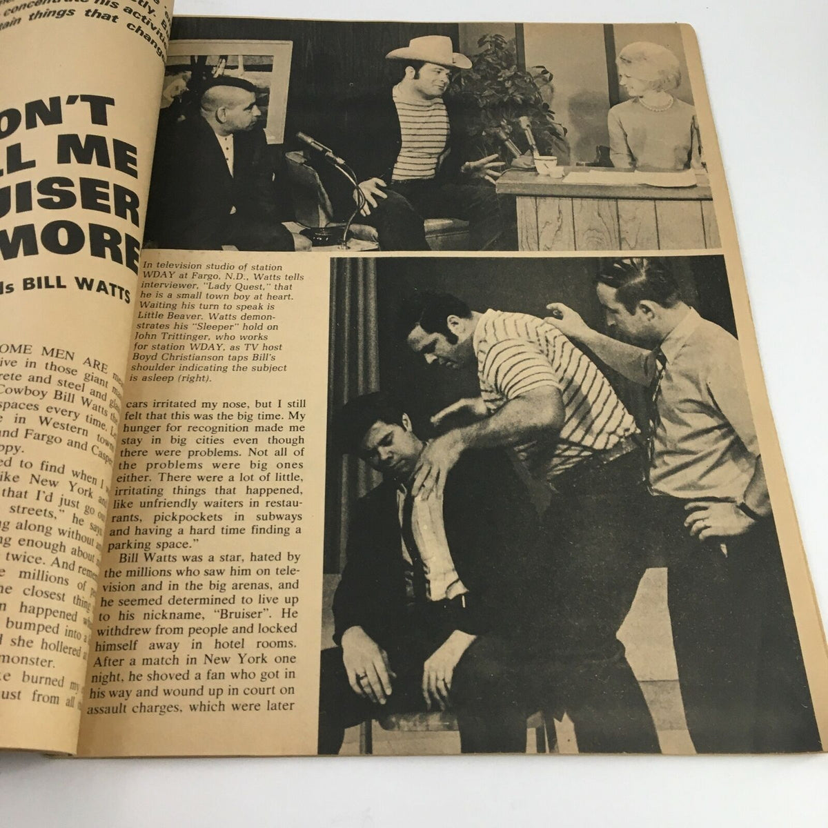 The Wrestler Magazine March 1970 features a black and white image of wrestlers including Bill Watts and Cowboy Bill, showcasing a moment from a TV interview.