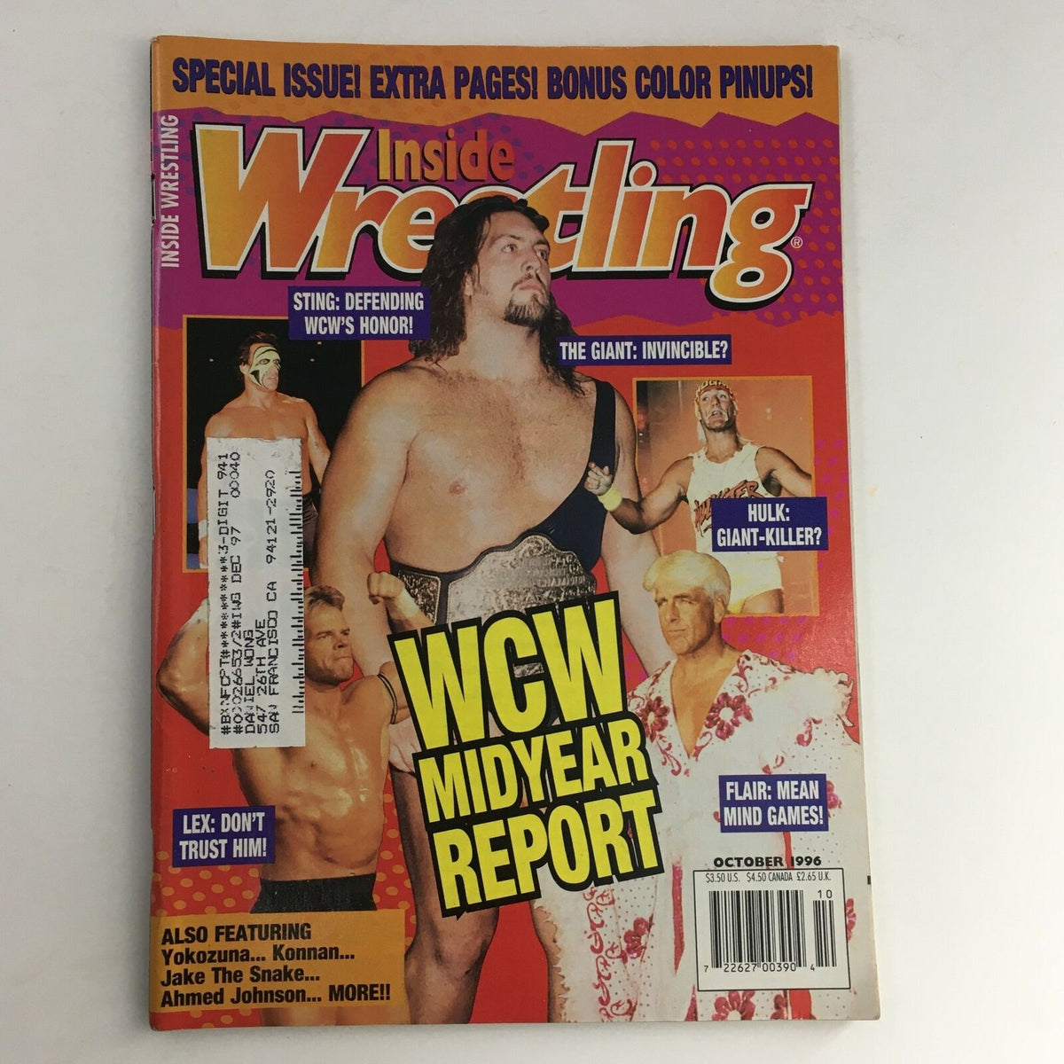 Cover of Inside Wrestling Magazine, October 1996, featuring Sting, Hulk Hogan, and Lex Luger, highlighting WCW midyear report.