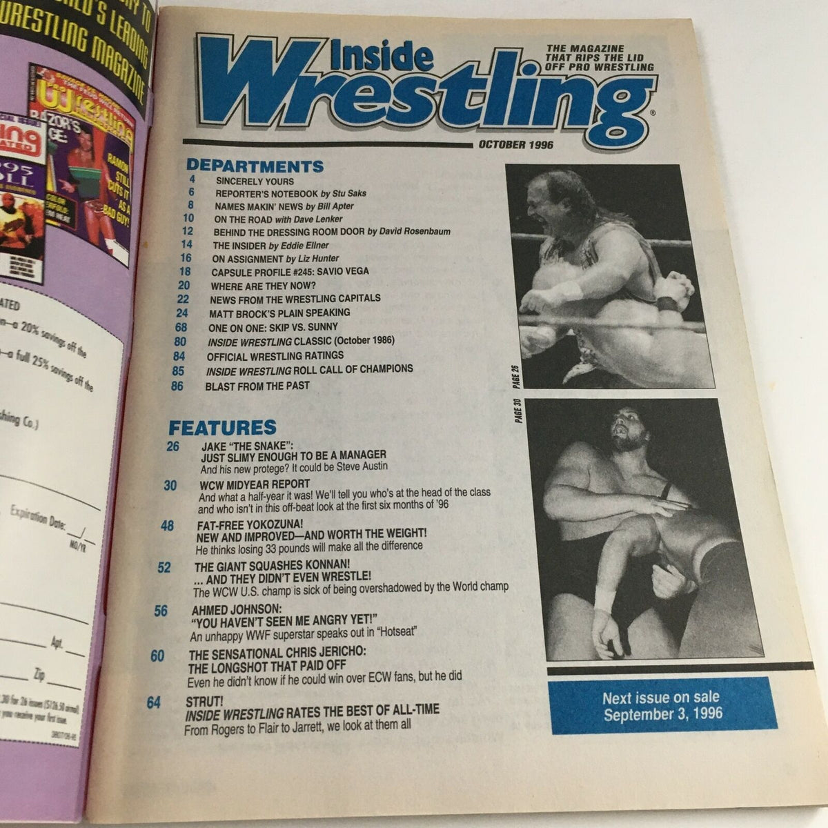 Table of contents from Inside Wrestling Magazine, October 1996, listing features and departments.
