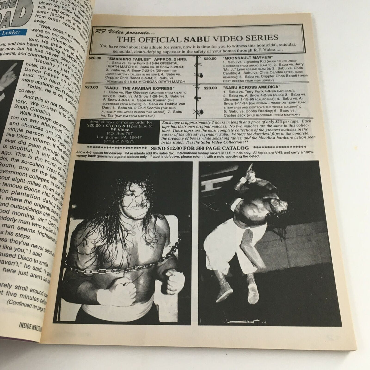 Advertisement page for the Official Sabu Video Series included in Inside Wrestling Magazine, October 1996.