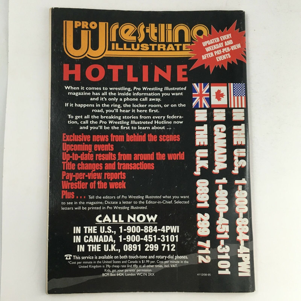 Back cover of Inside Wrestling Magazine October 1996 featuring promotional information about the Pro Wrestling Illustrated hotline, listing exclusive news and updates for wrestling fans in the U.S., Canada, and the UK.