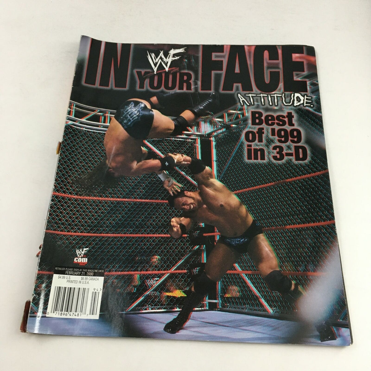 WWF Magazine February 2000 cover showcasing Best of '99 in 3-D with vibrant wrestlers in action.