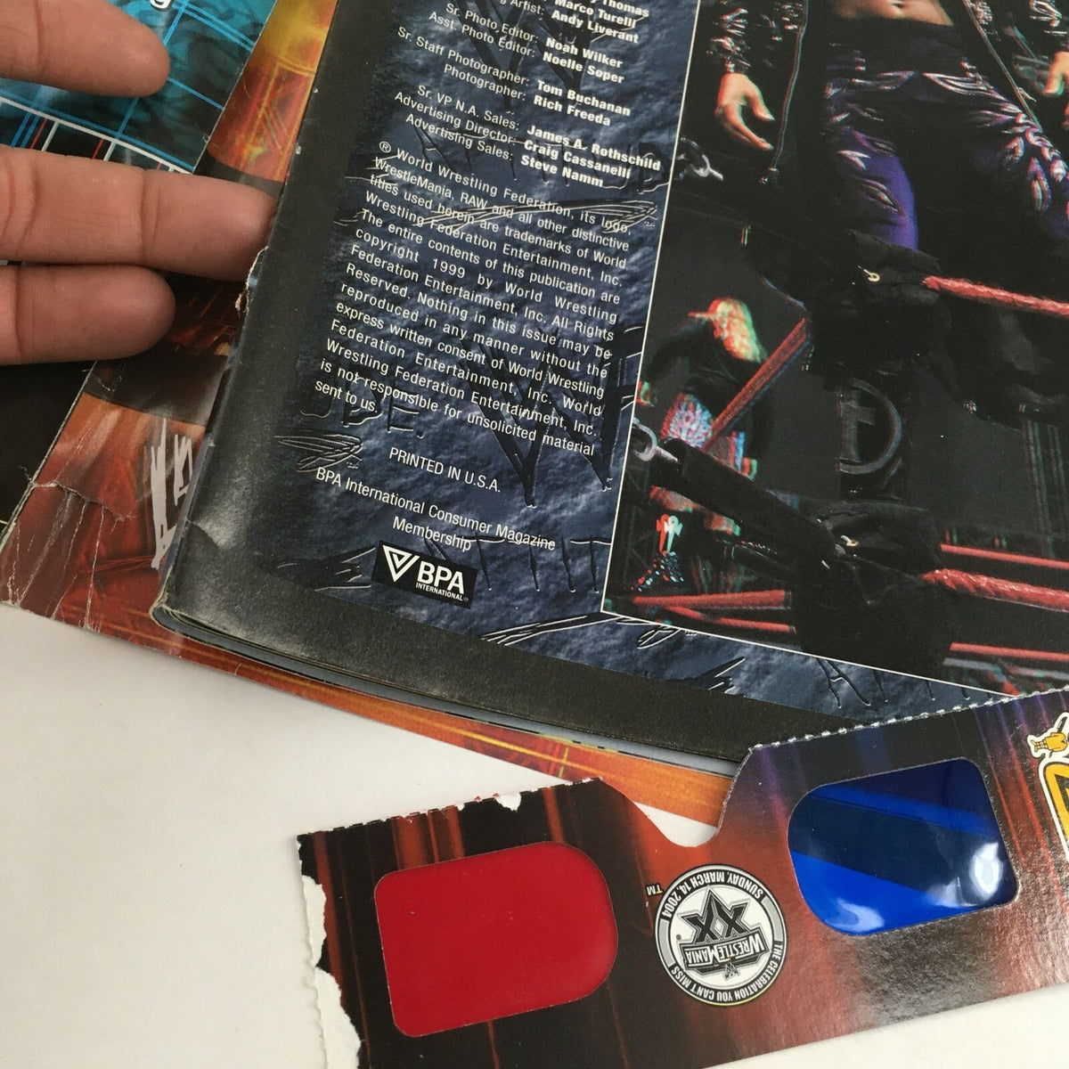 Detail of the back cover of WWF Magazine February 2000, featuring magazine publication information and a glimpse of wrestling history.