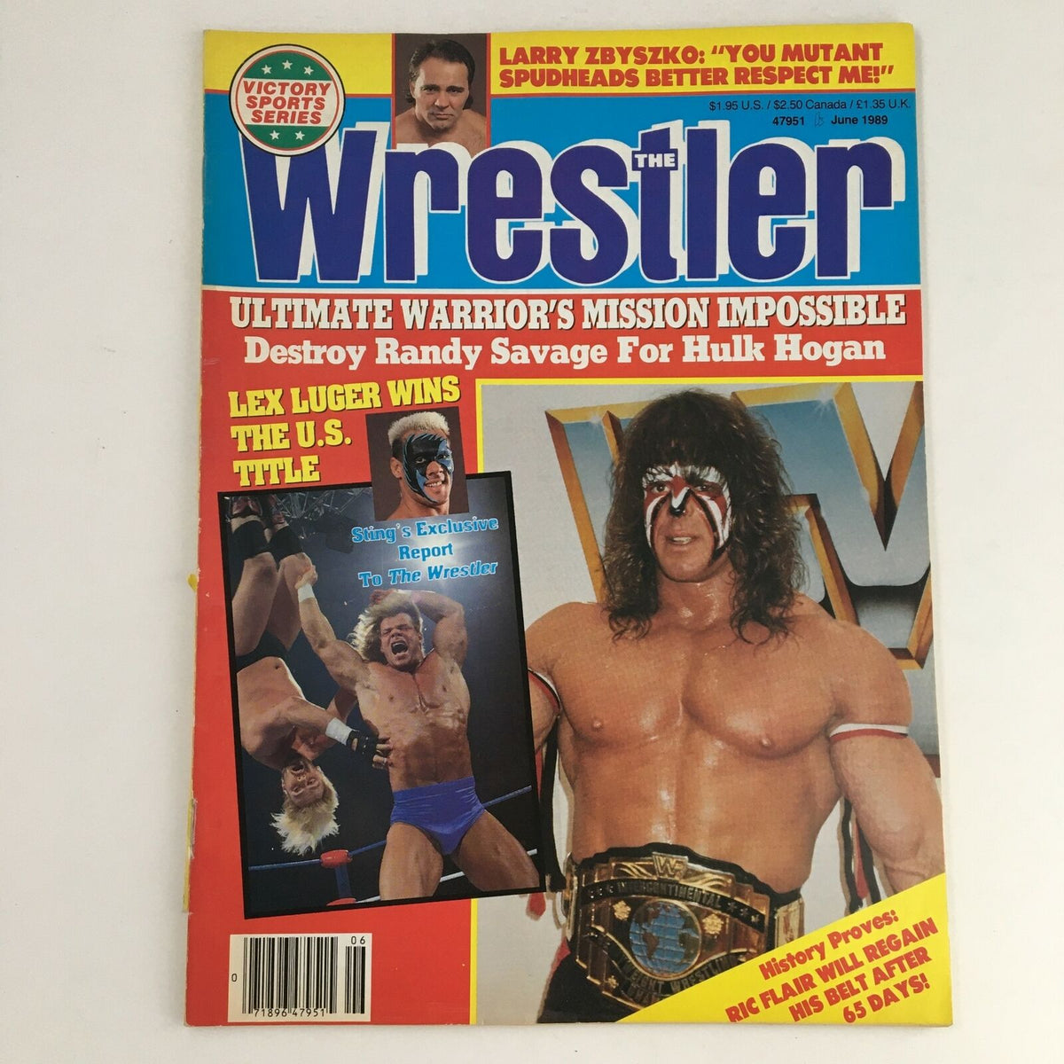 The Wrestler Magazine June 1989 cover featuring Lex Luger winning the U.S. Title and Randy Savage, showcasing the colorful and dramatic world of professional wrestling.