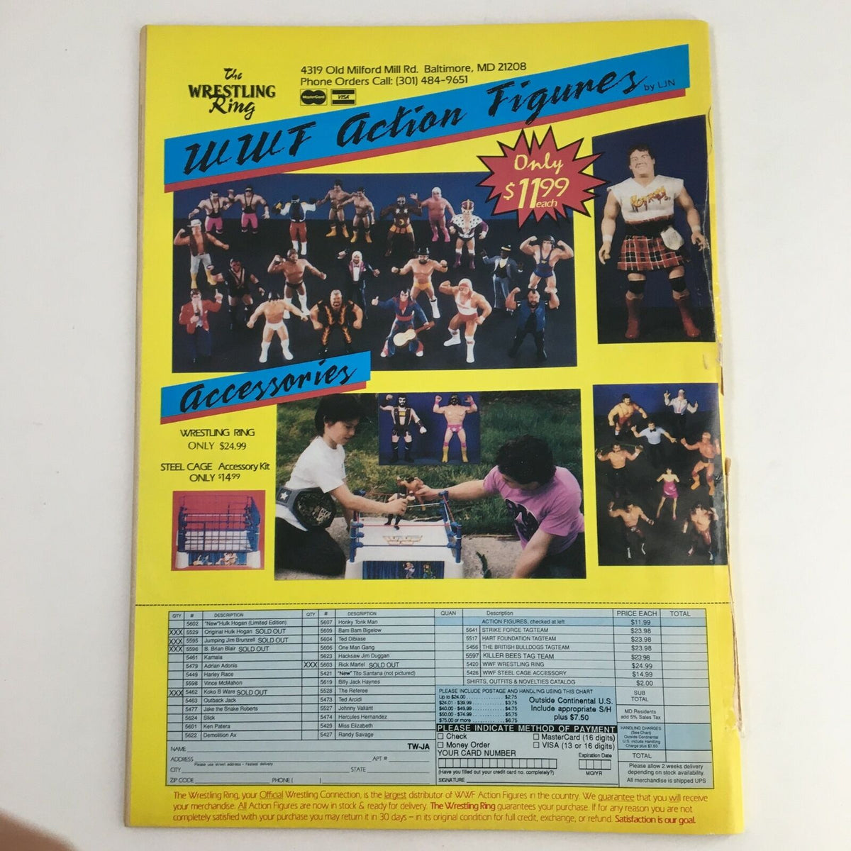Back cover of The Wrestler Magazine June 1989, advertising WWF action figures with pricing information and images. A valuable piece for collectors of wrestling memorabilia.