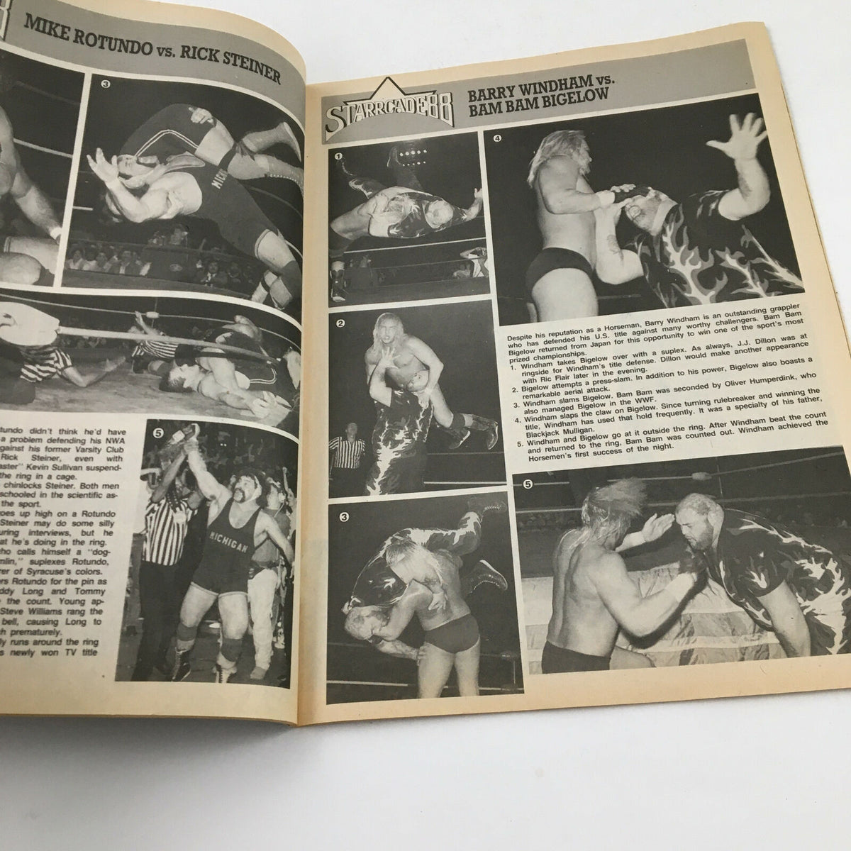 Inside view of the April 1989 Sports Review Wrestling Magazine showcasing a matchup between Mike Rotundo and Rick Steiner, along with action shots from the match.