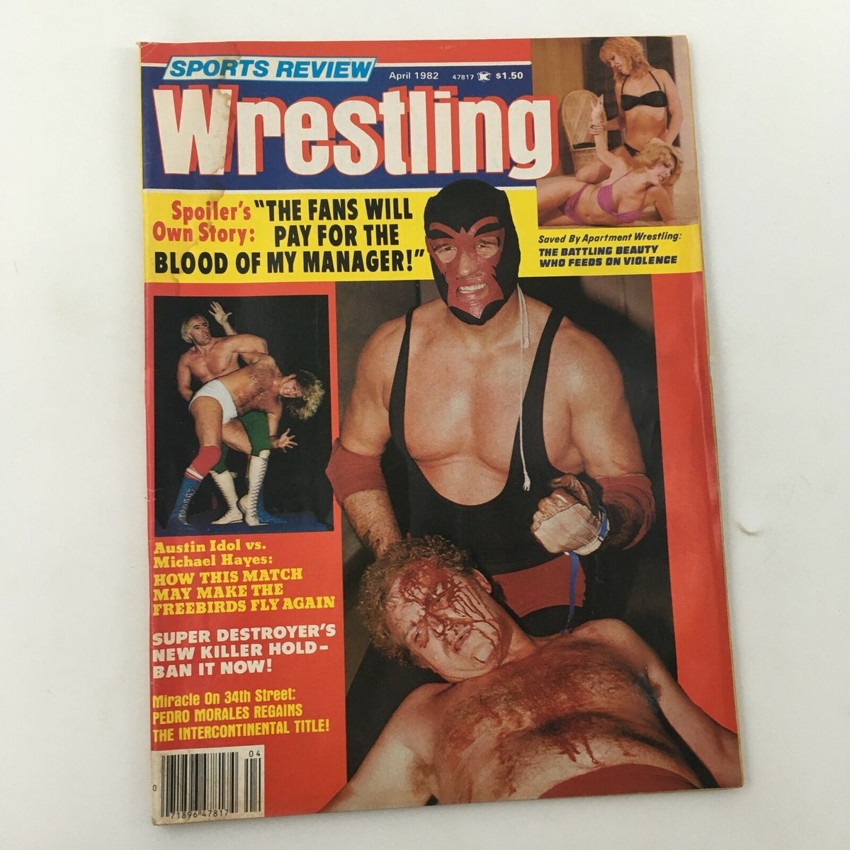 Cover of Sports Review Wrestling Magazine April 1982 featuring Mil Mascaras, Austin Idol vs. Michael Hayes. The magazine showcases iconic wrestling imagery with bold colors and headlines, capturing the essence of 1980s wrestling culture.