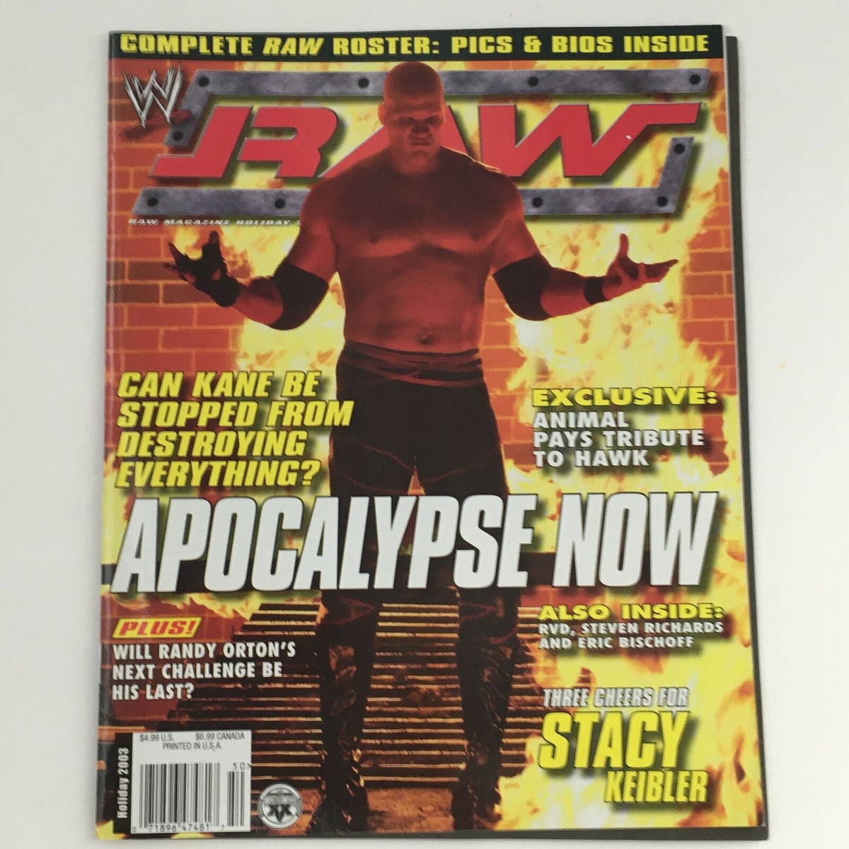 WWE Raw Magazine Holiday 2003 featuring Kane on the cover, with fiery background and bold text 'Apocalypse Now'.