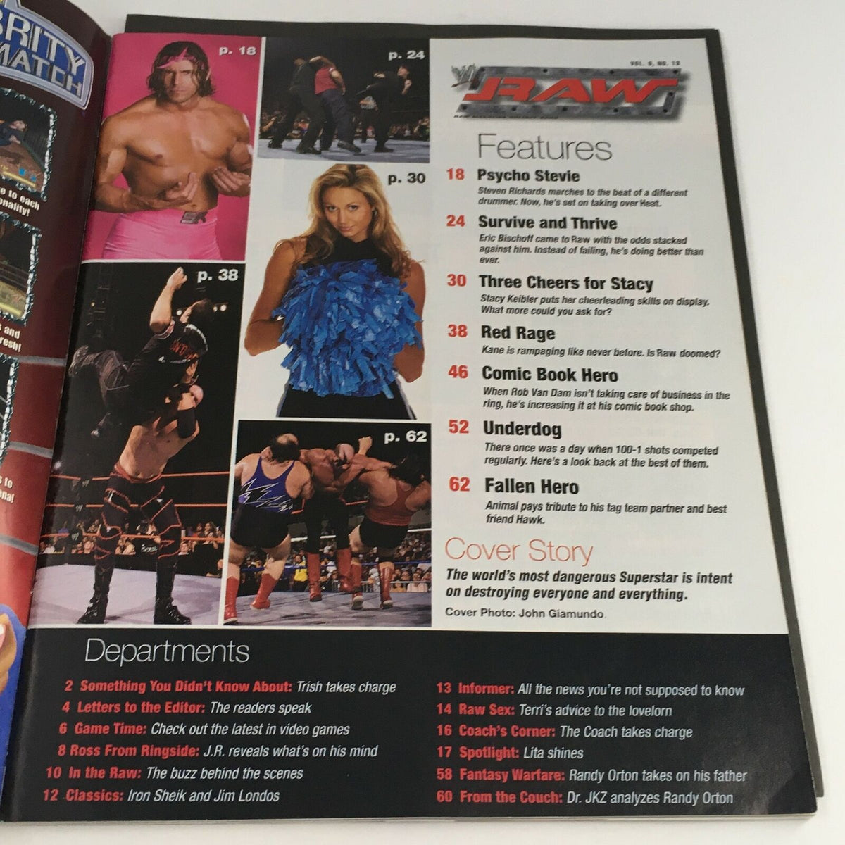 Interior page of WWE Raw Magazine Holiday 2003 showcasing features, including a photo of Stacy Keibler with the header 'Three Cheers for Stacy'.