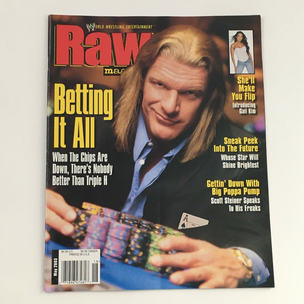 WWE Raw Magazine May 2003 cover featuring Triple H, titled 'Betting It All'. The cover highlights the excitement of professional wrestling with a focus on major stars.