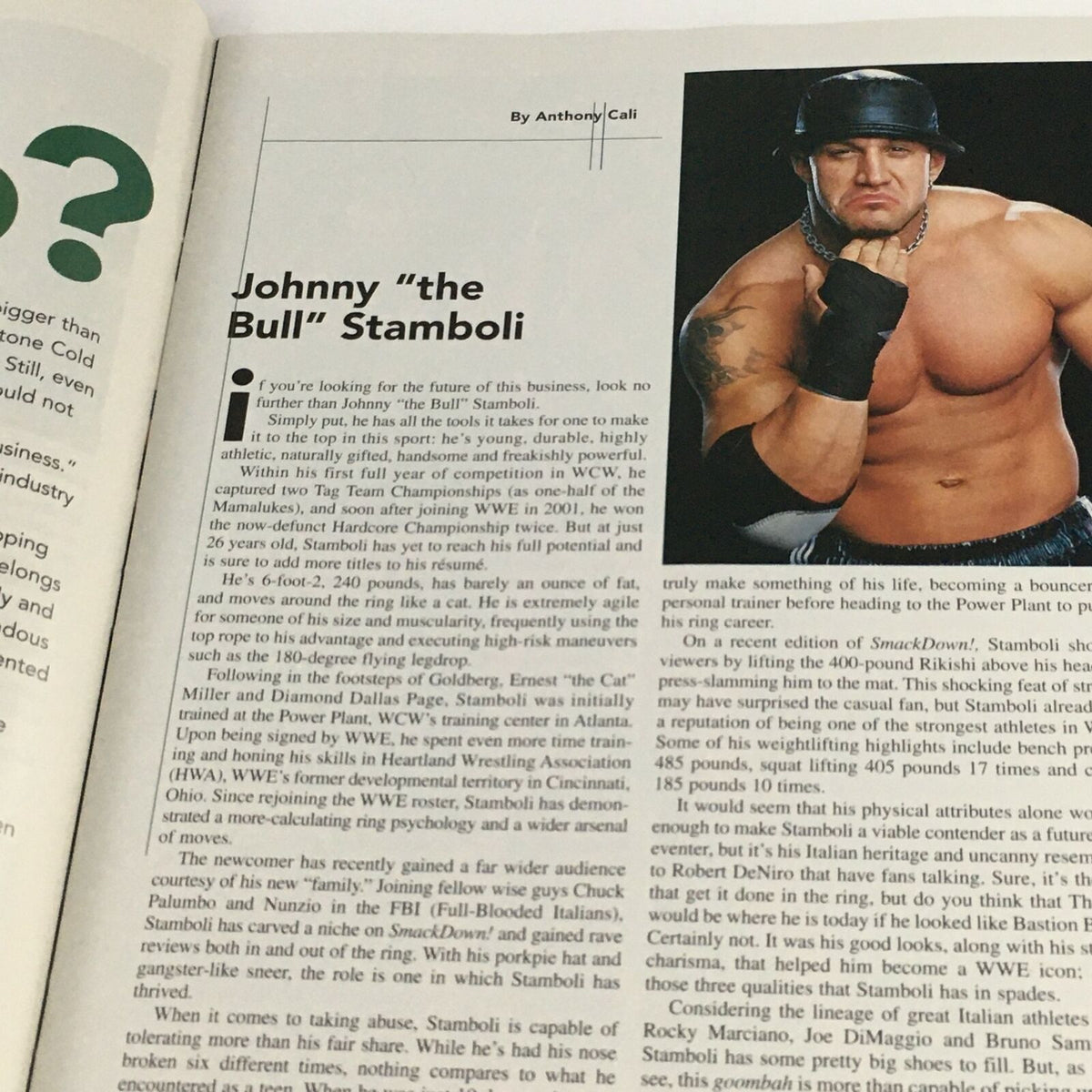 Article page in WWE Raw Magazine May 2003 featuring Johnny 'The Bull' Stamboli, showcasing his wrestling persona and career highlights.